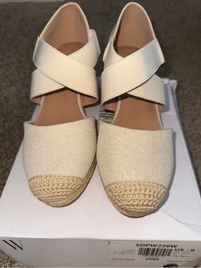 Womens Linen Wedge Heel with Ankle Cross Straps - Cream